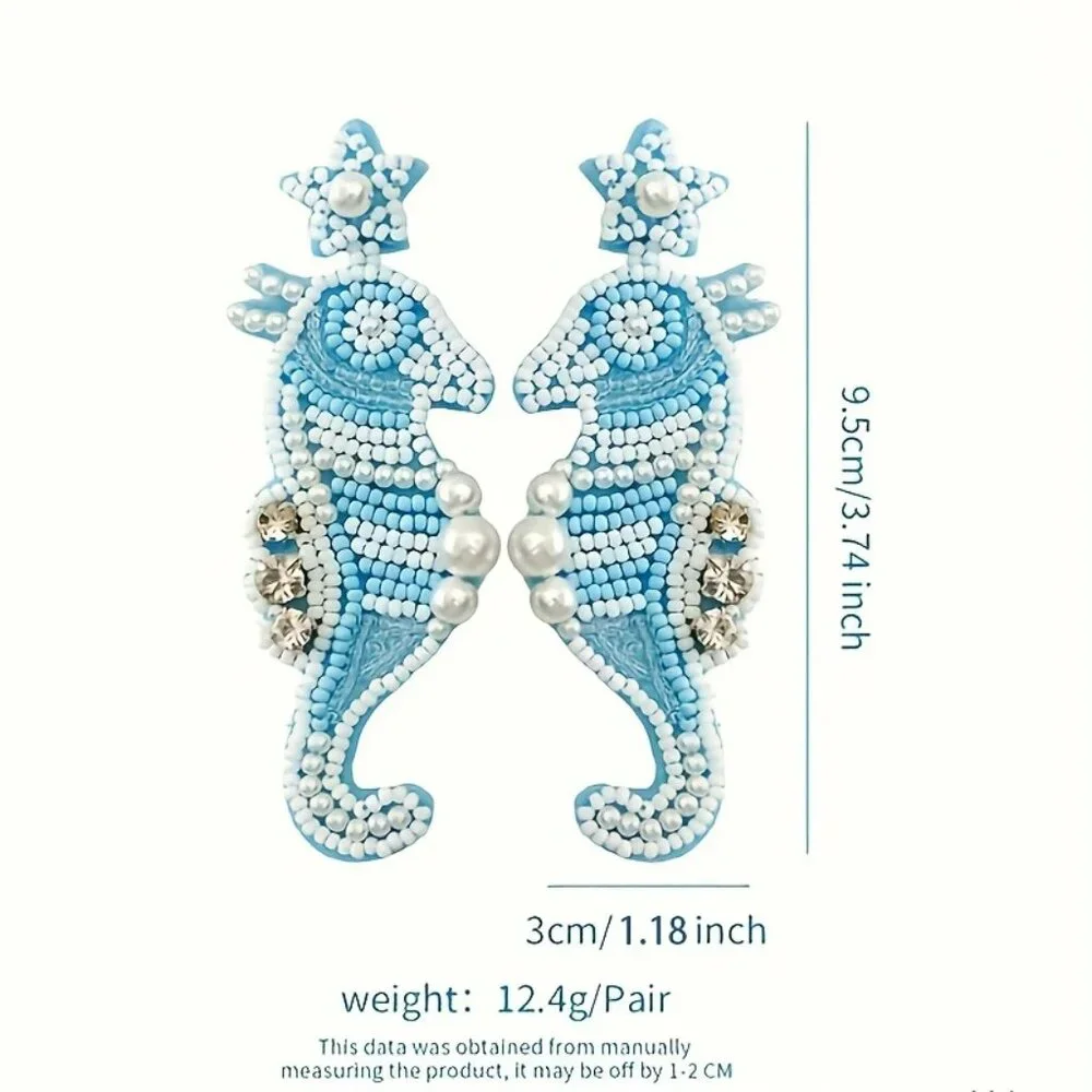 NEW! HAND BEADED Rice BALL STATEMENT SEAHORSE EARRINGS